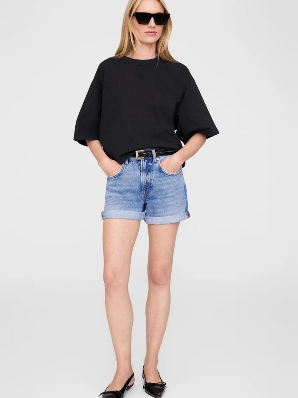 ANINE BING Myers Cropped Tee Faded Black French Terry Boxy Crop XS NWT